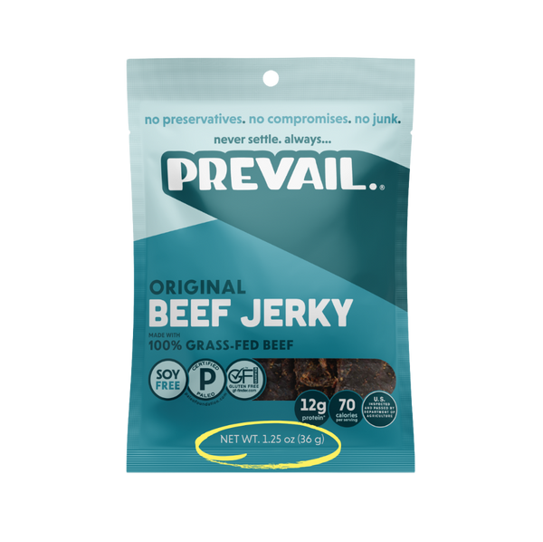 PREVAIL Jerky Original Beef Jerky single serve pack, showing eight individually wrapped beef jerky portions on a white background.