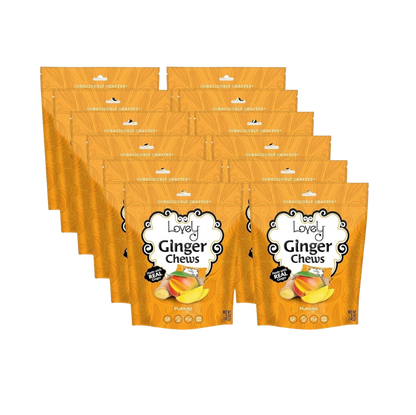 Sweet Mango Ginger Chews by Lovely Candy Company, showing shiny, chewy ginger candies with mango flavor on a white background.