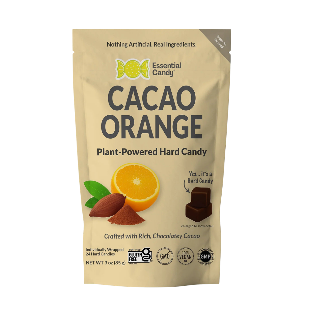 Essential Candy Cacao Orange botanical lozenges in clear wrapper, showcasing vibrant orange and dark chocolate colors.