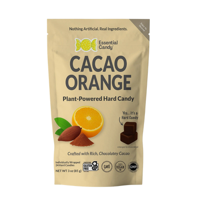 Essential Candy Cacao Orange botanical lozenges in clear wrapper, showcasing vibrant orange and dark chocolate colors.