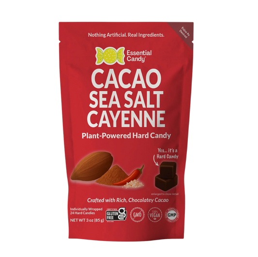Essential Candy Cacao Sea Salt & Cayenne botanical hard candy lozenge, showing the glossy chocolate and spicy cayenne flavor.