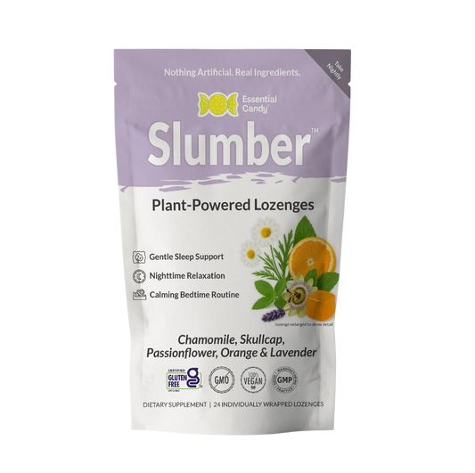 Herbal supplement image showing Essential Candy Slumber™ Botanical Lozenges in a clear package, designed for soothing herbal relief.