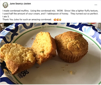 gfJules gluten-free cornbread mix in a bag, with a close-up of the packaging showing the product label and ingredients.