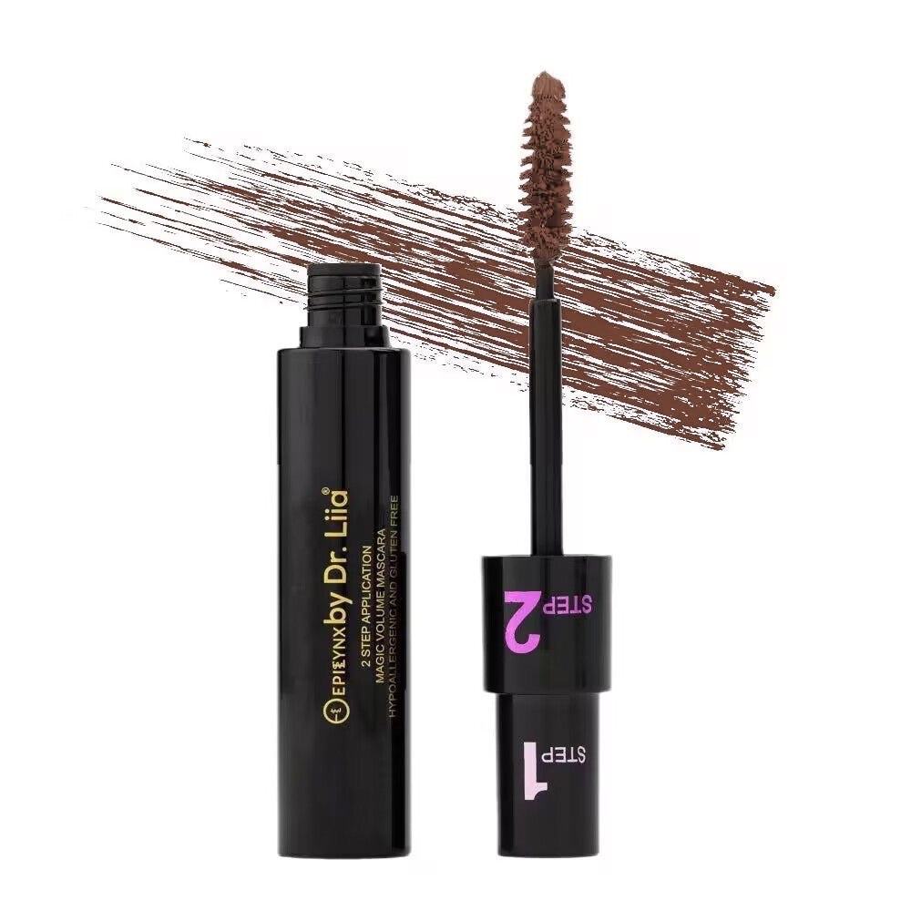 EpiLynx Magic Lengthening and Volumizing Mascara brush with black mascara on lashes, showcasing vegan and smudge-resistant formula.