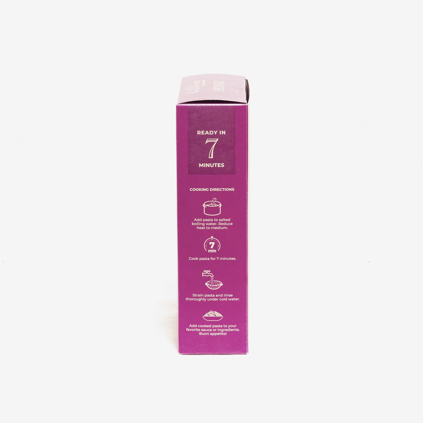 Side view of a single artisanal gluten-free, high-protein pasta penne from Flower Chef Foods in a 6-pack.