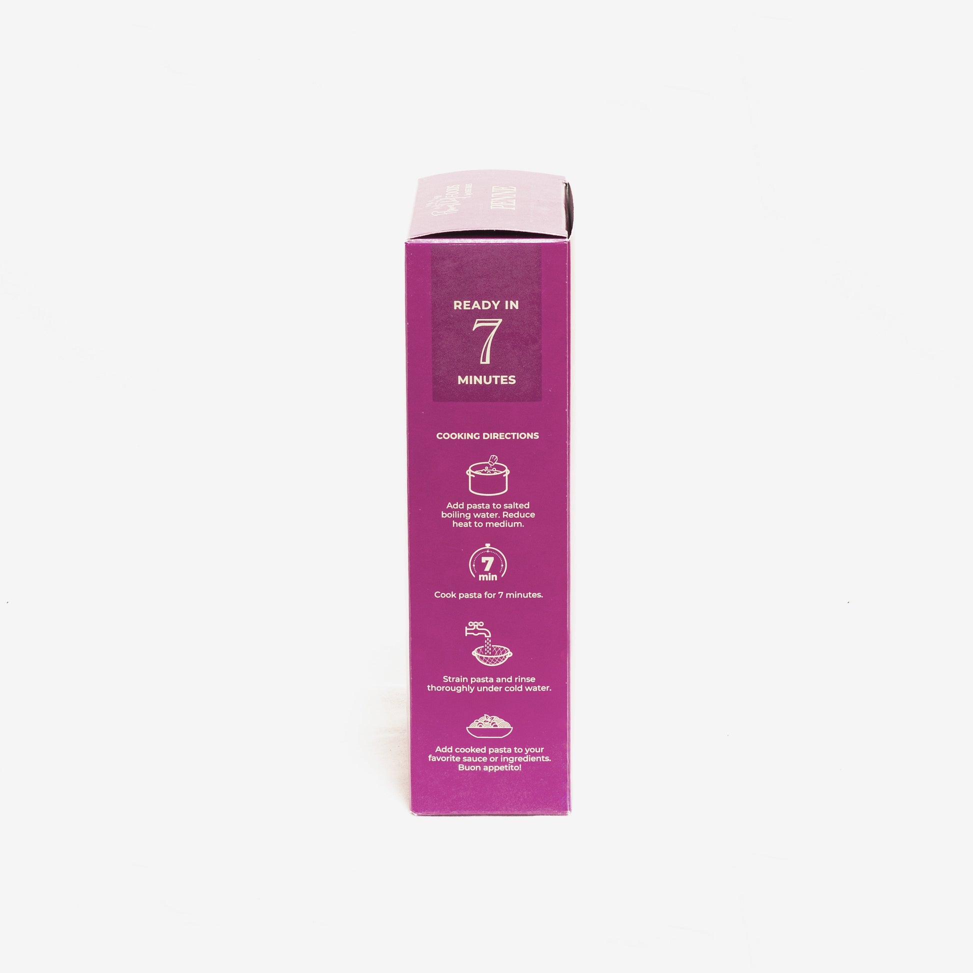 Side view of a single artisanal gluten-free, high-protein pasta penne from Flower Chef Foods in a 6-pack.