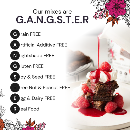 Eat G.A.N.G.S.T.E.R. Chewy Choconot Brownie Mix package with chocolate brownie and cookie mix ingredients.