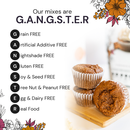 Eat G.A.N.G.S.T.E.R. Cinnawin™ Spice Cake and Muffin Mix package with cinnamon spice cake and muffin mix ingredients and branding visible.