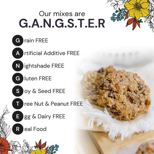 Two packages of Eat G.A.N.G.S.T.E.R. Foatmeal Cookie Mix, showing the front labels with cookie images and branding.