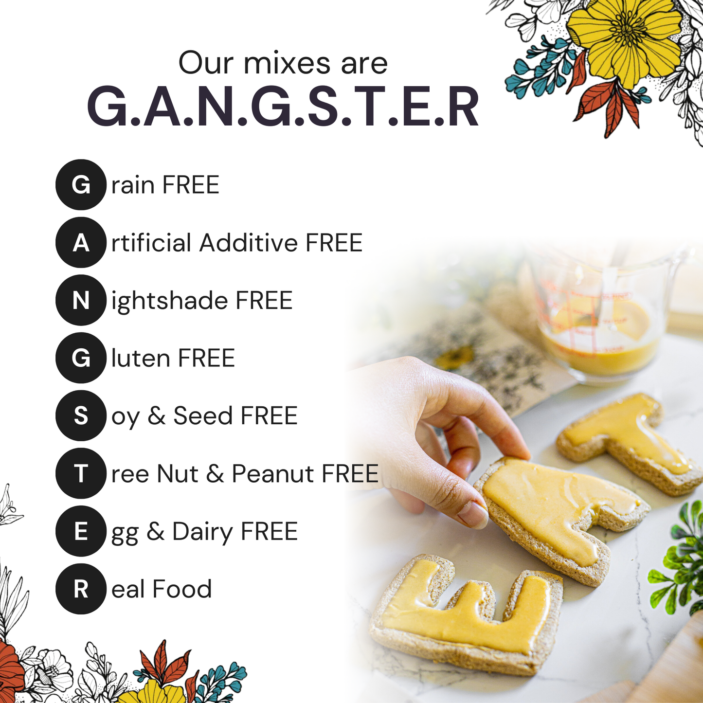 Two sugar cookies made from Eat G.A.N.G.S.T.E.R. GANGSTER Sugar Cookie Mix on a white plate.