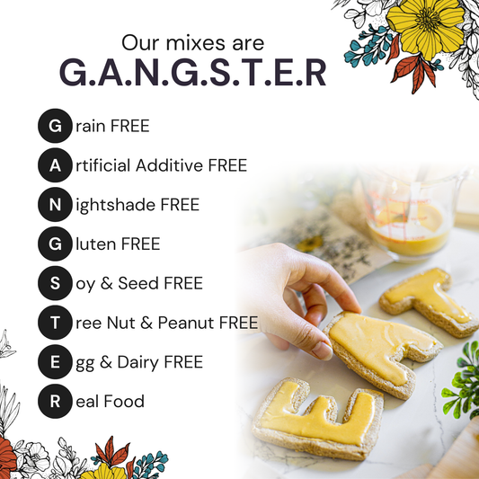 Two sugar cookies made from Eat G.A.N.G.S.T.E.R. GANGSTER Sugar Cookie Mix on a white plate.