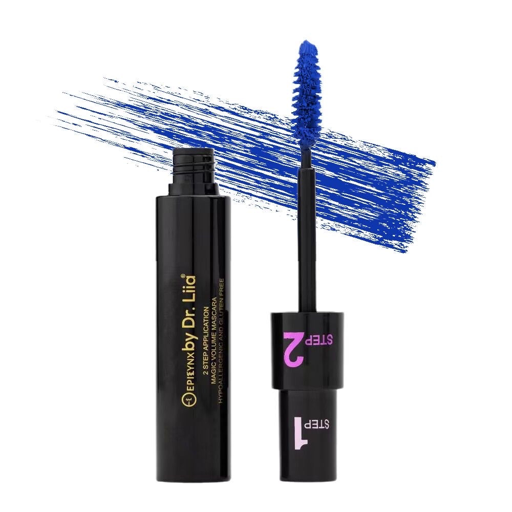 EpiLynx Magic Lengthening and Volumizing Vegan Mascara tube with a black brush showing lengthening and volumizing formula