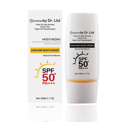 EpiLynx SPF 50 mineral moisturizer in a sleek tube, showing the vegan, hydrating formula designed for sensitive skin.