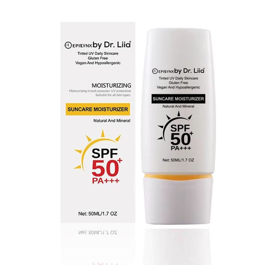 EpiLynx SPF 50 mineral moisturizer in a sleek tube, showing the vegan, hydrating formula designed for sensitive skin.
