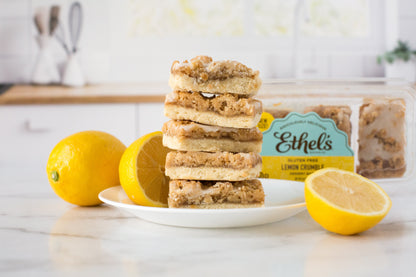 Ethel's Lemon Crumble Bar from Ethels Baking Company, showing a golden lemon-flavored crumble bar on a plate.