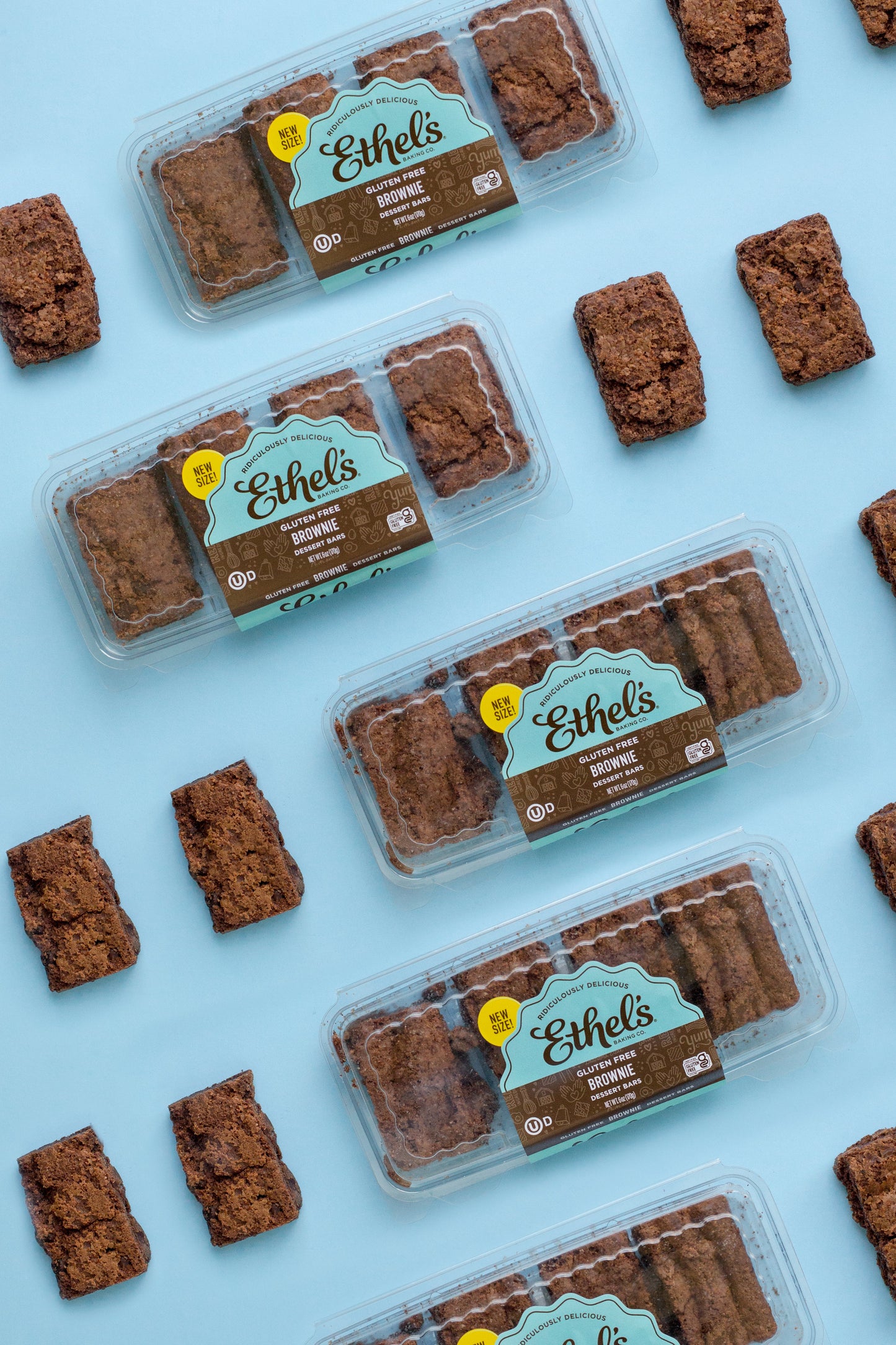 Ethel's Chocolate Brownie Bar dessert with rich, fudgy texture, packaged in a box of 24 bars by Ethels Baking Company.