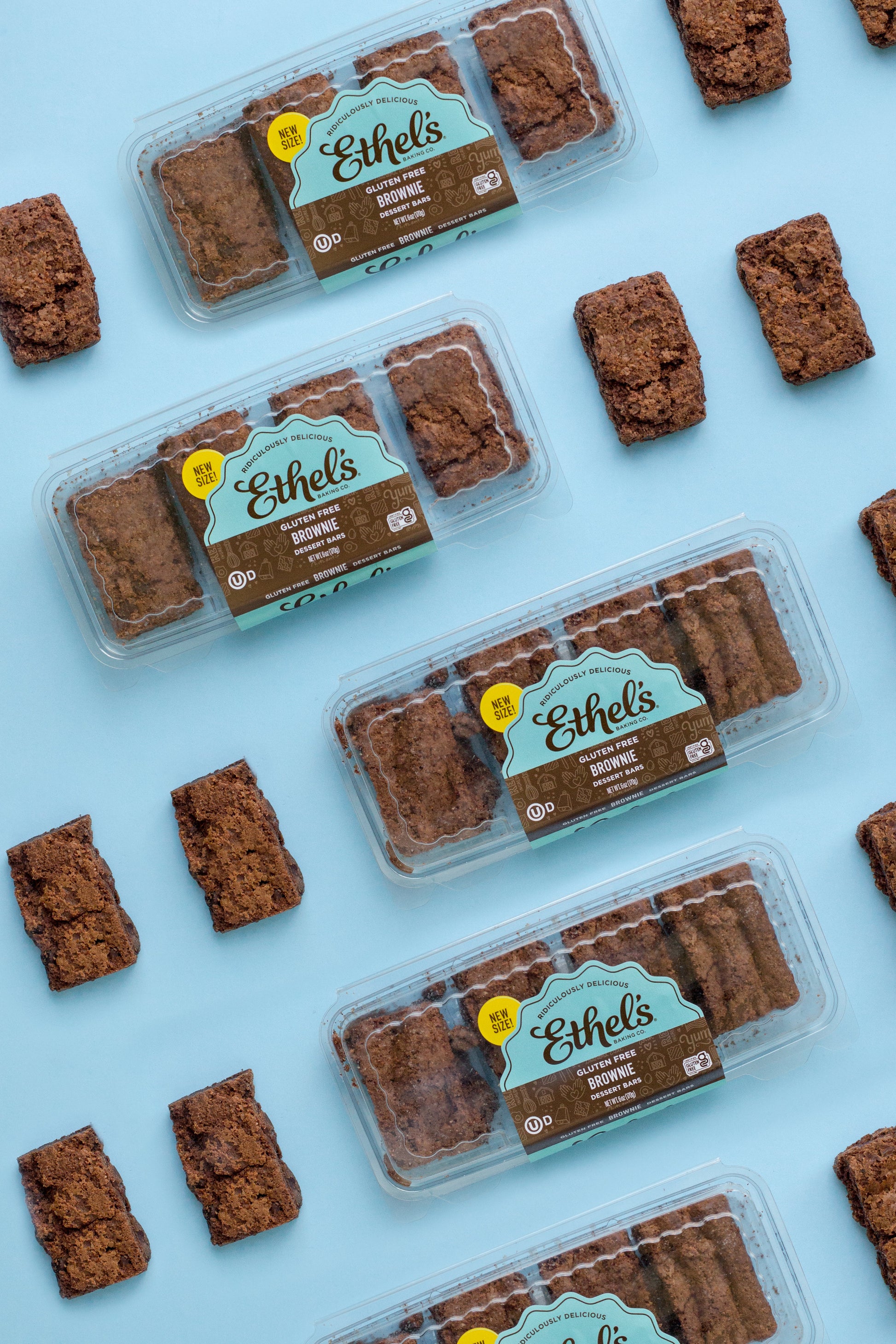 Ethel's Chocolate Brownie Bar dessert with rich, fudgy texture, packaged in a box of 24 bars by Ethels Baking Company.