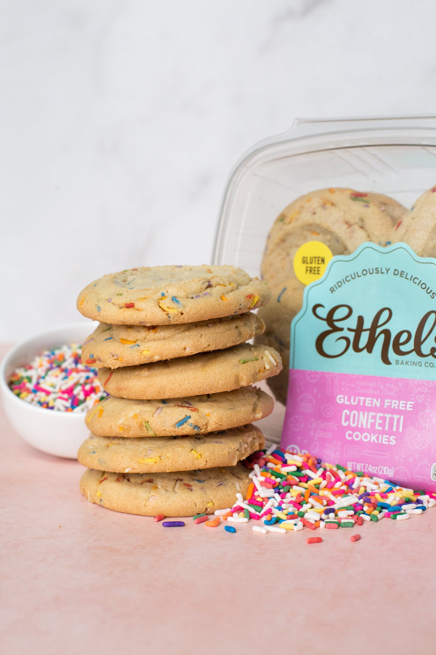 Ethel's Confetti Cookies from Ethels Baking Company, a batch of colorful decorated cookies on a baking tray.