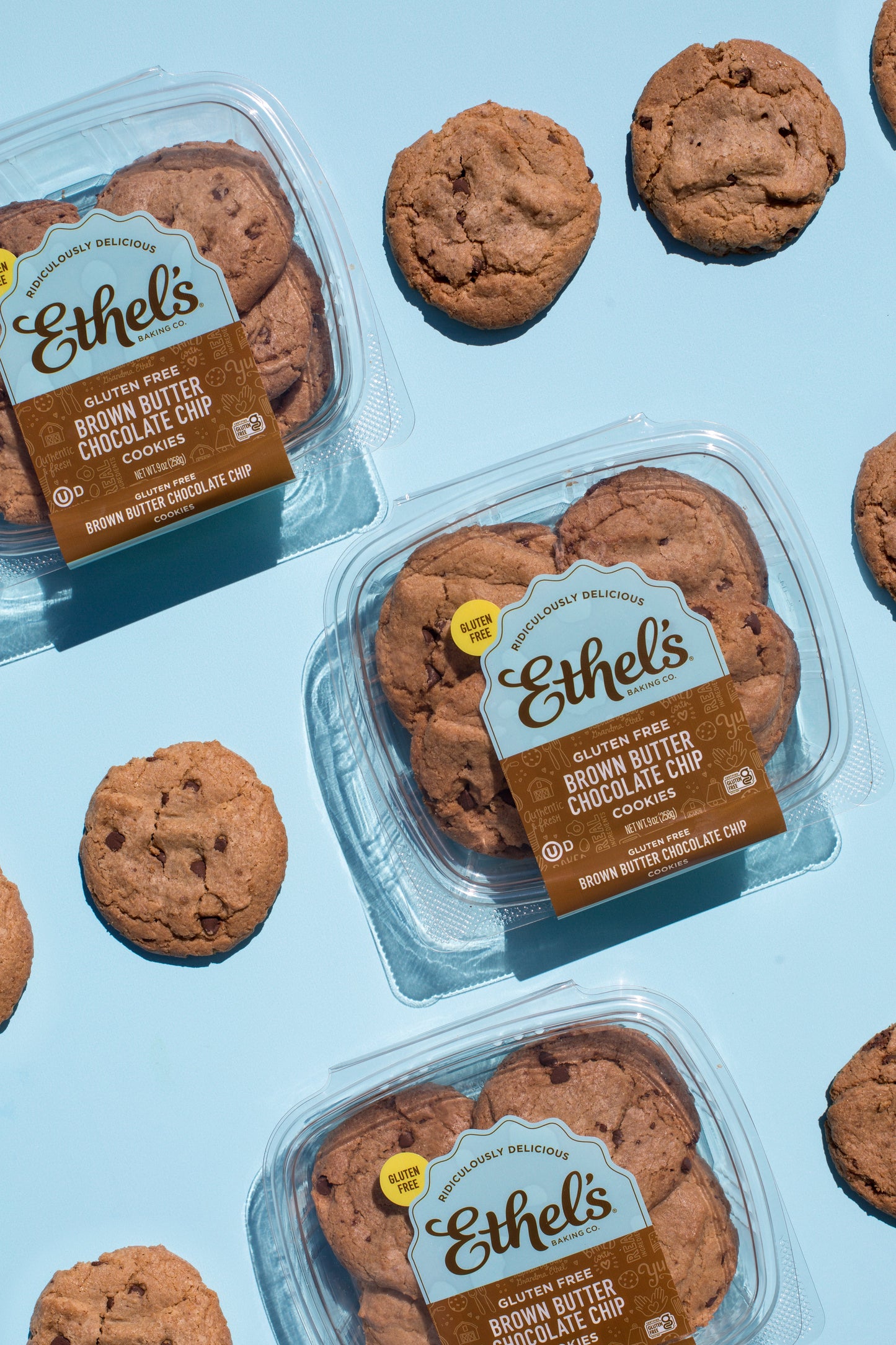Ethel's Baking Company brown butter chocolate chip cookies, 36-piece batch, showing golden-brown cookies with chocolate chips.