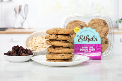 Ethel's Baking Company oatmeal raisin cookies on a plate, showing golden cookies with raisins and a soft, chewy texture.