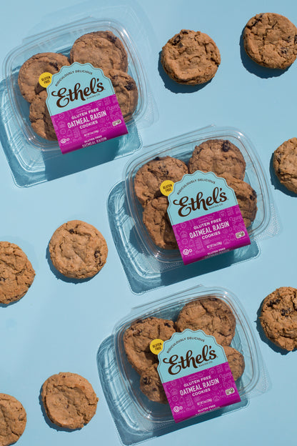 Ethel's Baking Company oatmeal raisin cookies on a plate, showing golden-brown cookies with visible raisins.