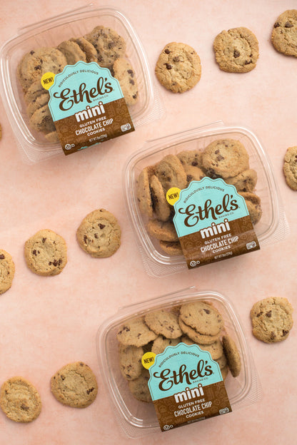 Two mini chocolate chip cookies from Ethel's Baking Company on a white background, showing golden-brown cookies with chocolate chips.
