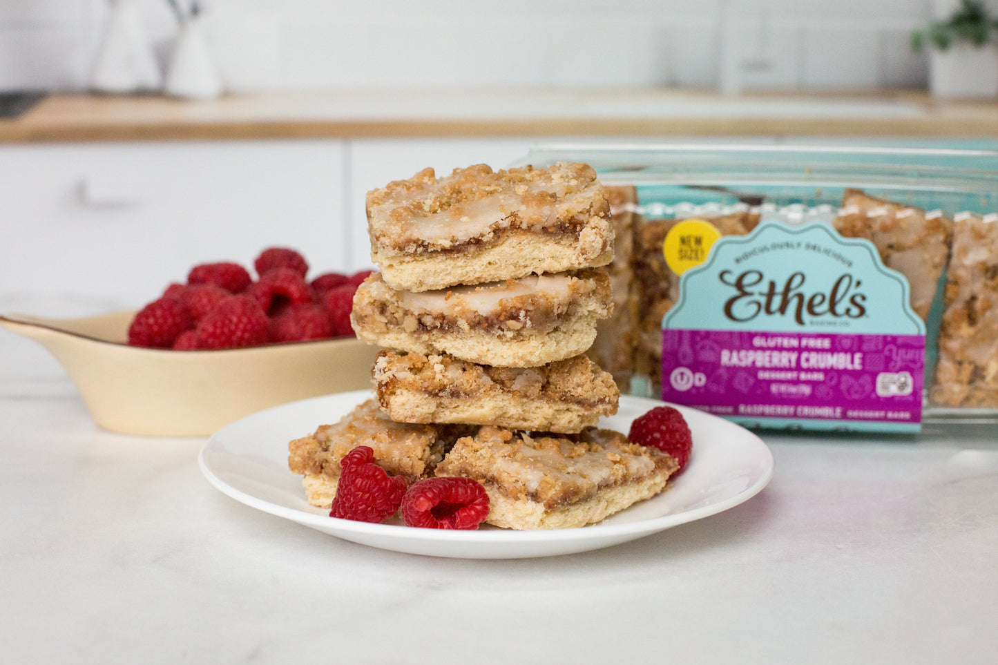 Ethel's Raspberry Crumble Bar dessert, a golden-brown baked treat with raspberry filling and crumble topping from Ethel's Baking Company