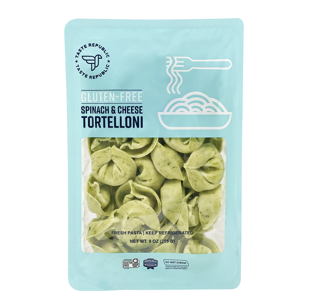 Taste Republic gluten-free spinach and cheese tortelloni pasta in a 6-pack, featuring fresh, uncooked tortelloni on a white background.