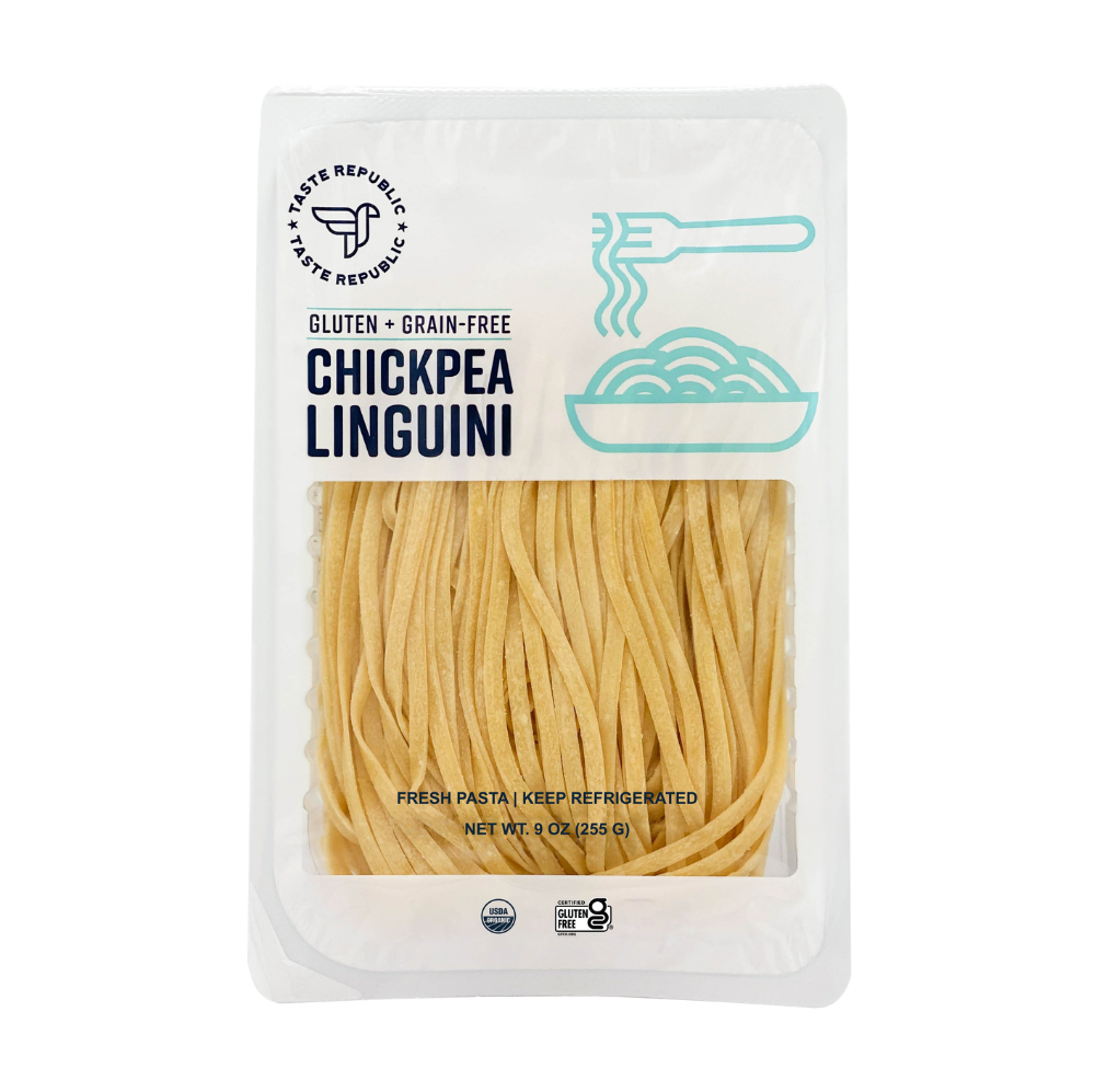 Taste Republic gluten-free chickpea linguini pasta in a 6-pack, organic grain-free pasta made from fresh chickpeas.