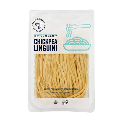 Taste Republic gluten-free chickpea linguini pasta in a 6-pack, organic grain-free pasta made from fresh chickpeas.