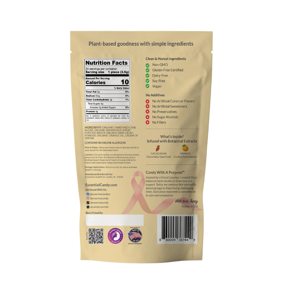 Essential Candy Cacao Orange botanical lozenges, hard candy with orange and cacao flavor, shown in clear wrapper.