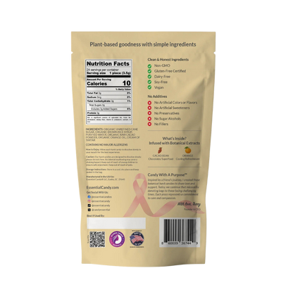 Essential Candy Cacao Orange botanical lozenges, hard candy with orange and cacao flavor, shown in clear wrapper.