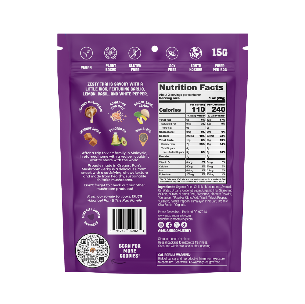 Pan's Mushroom Jerky Thai Mushroom Snack Foods, showcasing savory, dried mushroom slices with Thai-inspired seasoning.