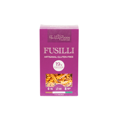 High protein Flower Chef Foods Fusilli pasta in a clear bowl, showcasing the spiral shape and vibrant color.