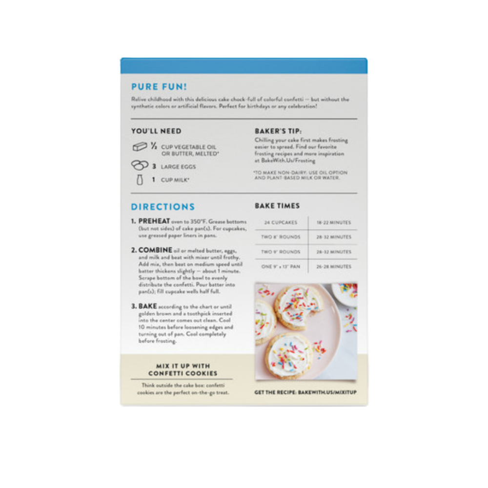 King Arthur Confetti Cake Mix box with colorful sprinkles, ready for baking a festive celebration cake.