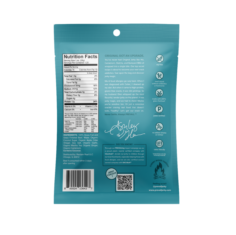 PREVAIL Jerky Original Beef Jerky single serve pack, showing eight individual packs of flavorful beef jerky in a resealable package.
