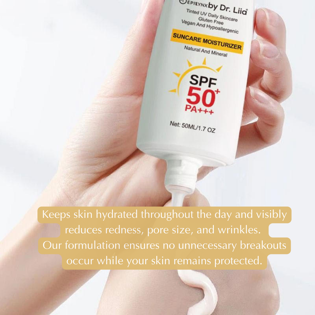 EpiLynx SPF 50 mineral moisturizer bottle displaying hydrating, vegan, sensitive-skin friendly suncare product.