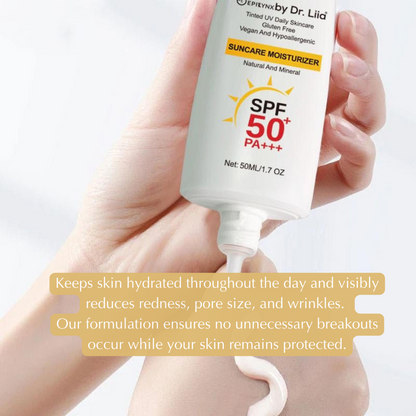 EpiLynx SPF 50 mineral moisturizer bottle displaying hydrating, vegan, sensitive-skin friendly suncare product.