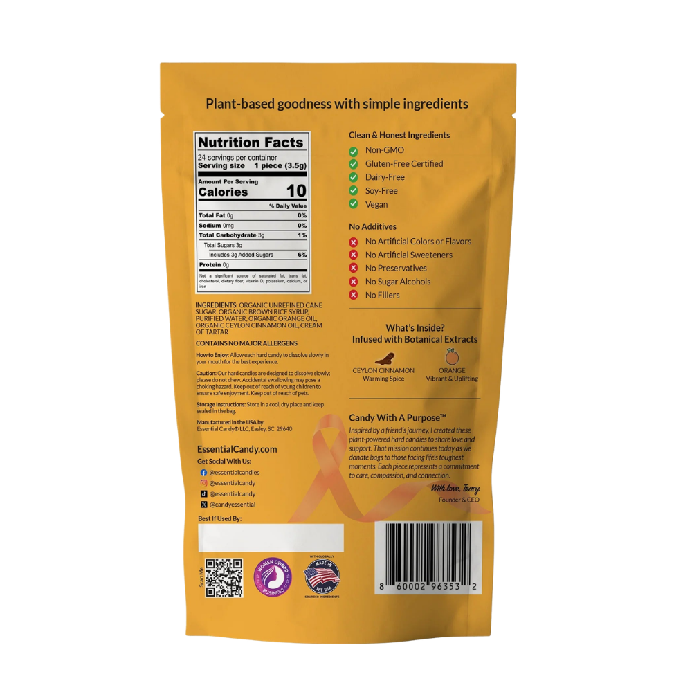 Essential Candy Orange Cinnamon botanical lozenges, hard candy with orange and cinnamon flavor, shown in clear packaging.