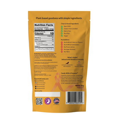 Essential Candy Orange Cinnamon botanical lozenges, hard candy with orange and cinnamon flavor, shown in clear packaging.