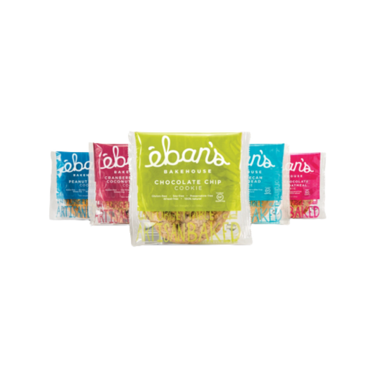 Assorted Eban’s Bakehouse gluten free cookies in a variety pack, featuring different cookie types on a white background.