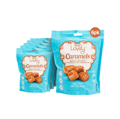 Two Lovely Candy Company sea salt caramel candies with creamy caramel and a sprinkle of sea salt on top.