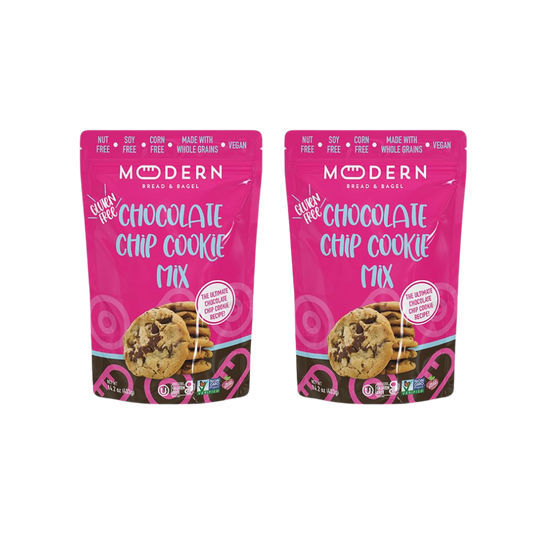 Modern Bread & Bagel chocolate chip cookie mix with bagels and cookies on a baking tray, ready for baking.