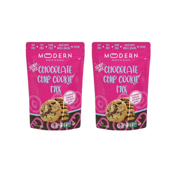 Modern Bread & Bagel chocolate chip cookie mix with bagels and cookies on a baking tray, ready for baking.