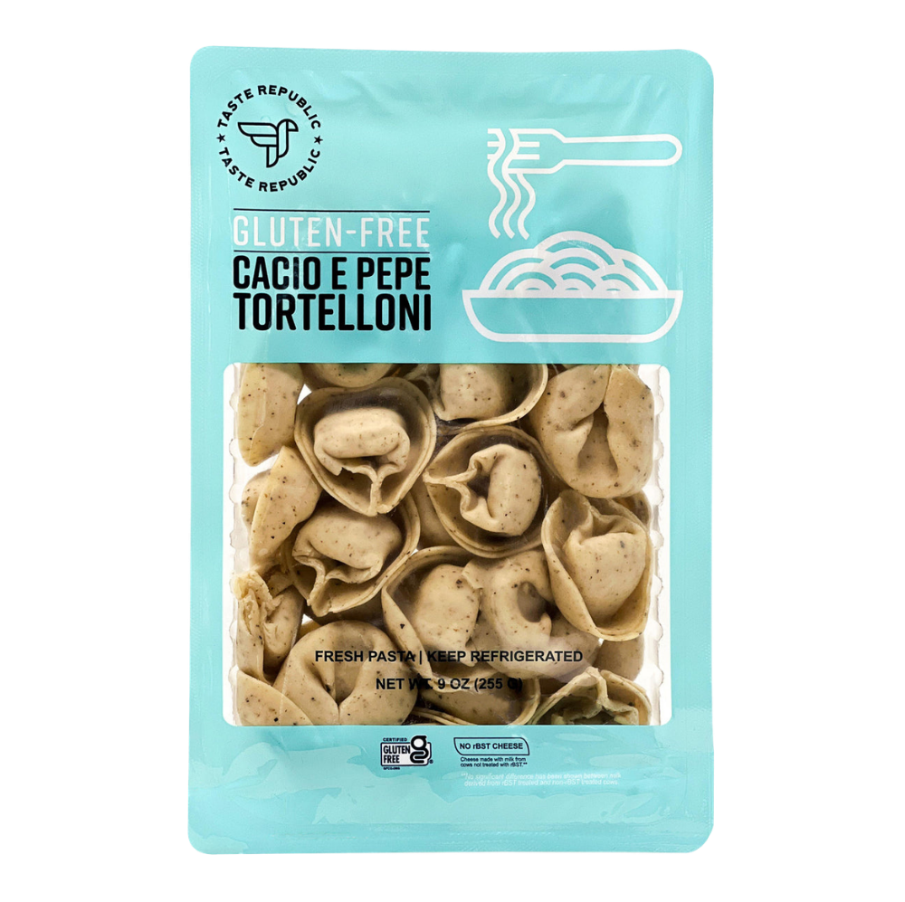 Taste Republic gluten-free Cacio e Pepe tortelloni pasta in a 6-pack, showcasing the fresh, round pasta with cheese filling.