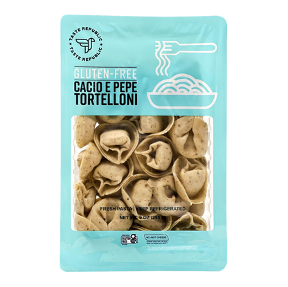 Taste Republic gluten-free Cacio e Pepe tortelloni pasta in a 6-pack, showcasing the fresh, round pasta with cheese filling.