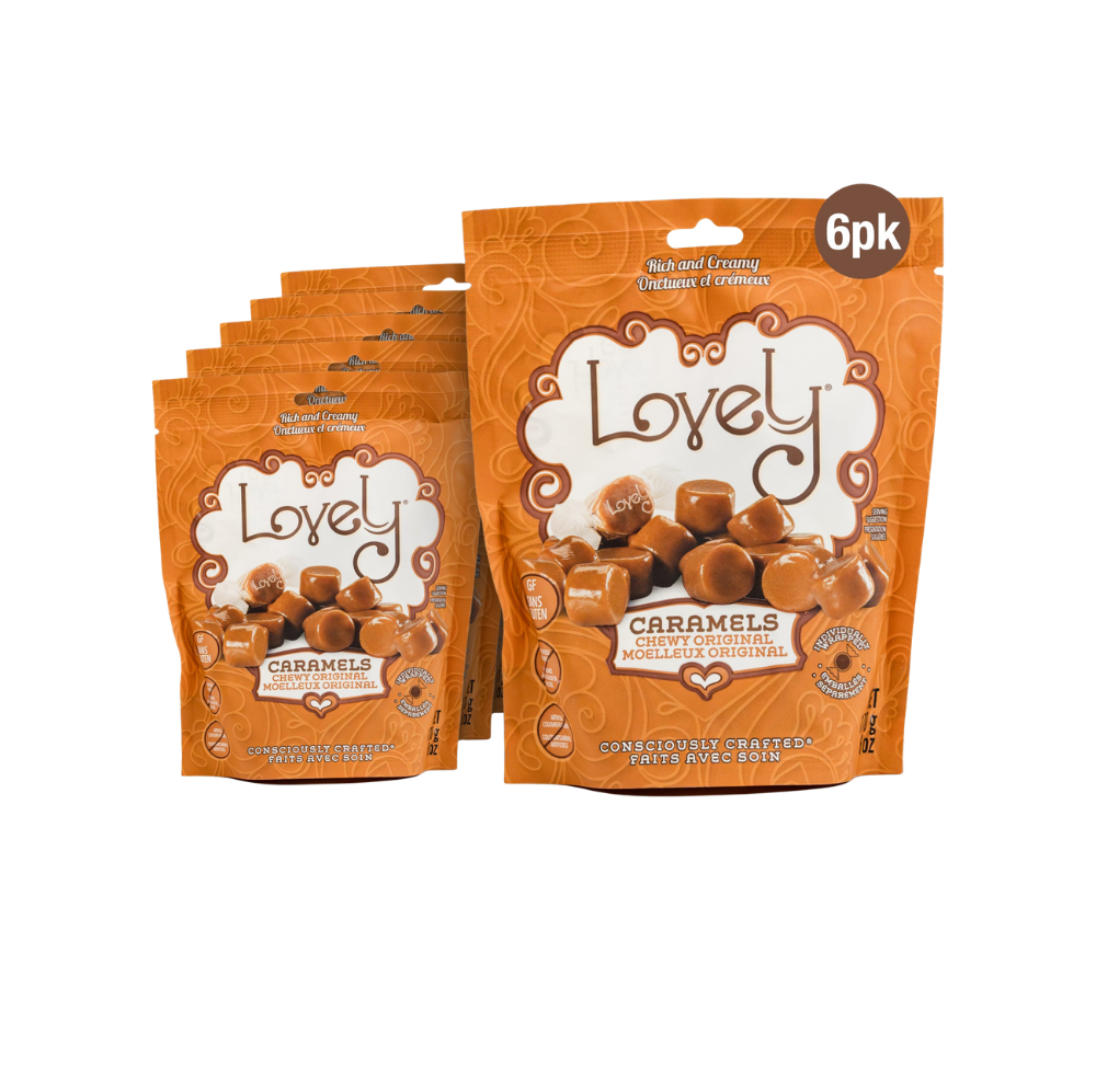 Two Lovely Candy Original Caramels with smooth, rich caramel texture in clear packaging, showcasing the sweet treats.