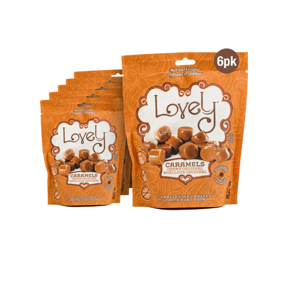 Two Lovely Candy Original Caramels with smooth, rich caramel texture in clear packaging, showcasing the sweet treats.