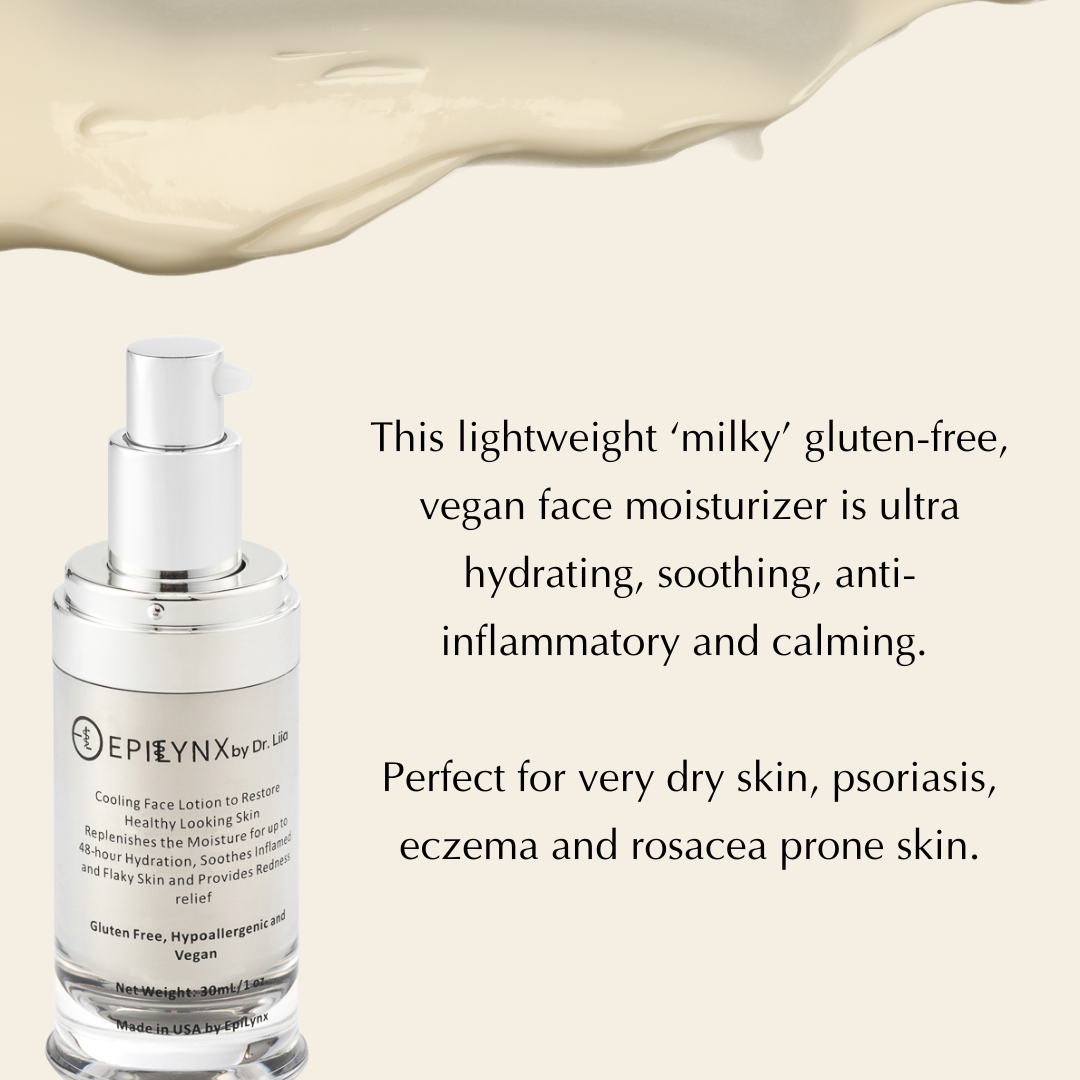 EpiLynx lightweight face moisturizer serum for sensitive and dry skin, with calming and hydrating properties, in a clear pump bottle.