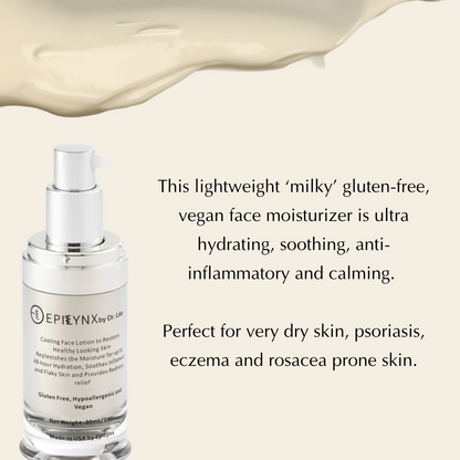 EpiLynx lightweight face moisturizer serum for sensitive and dry skin, with calming and hydrating properties, in a clear pump bottle.